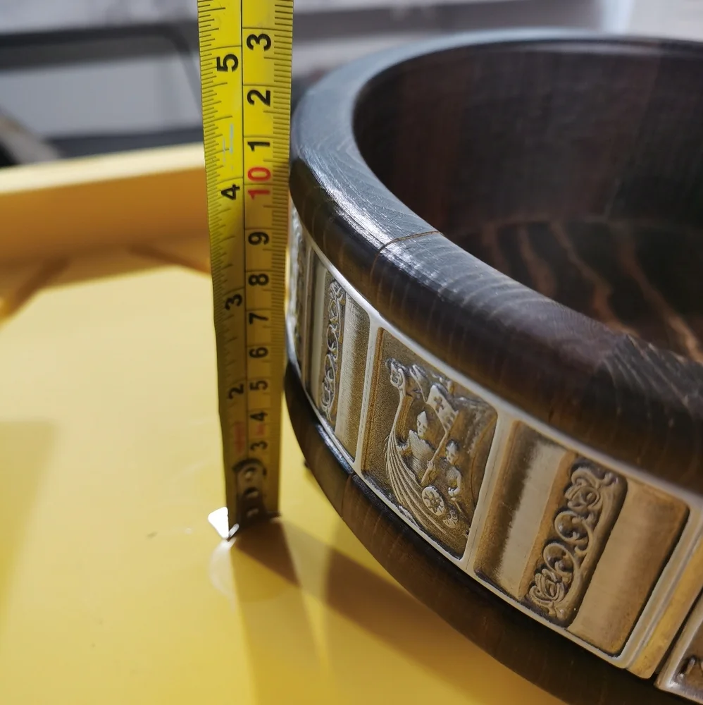 Vintage Hardanger Tredesign Norwegian Wood Bowl w/feet Pewter Viking Folk Art - Picture 9 of 9